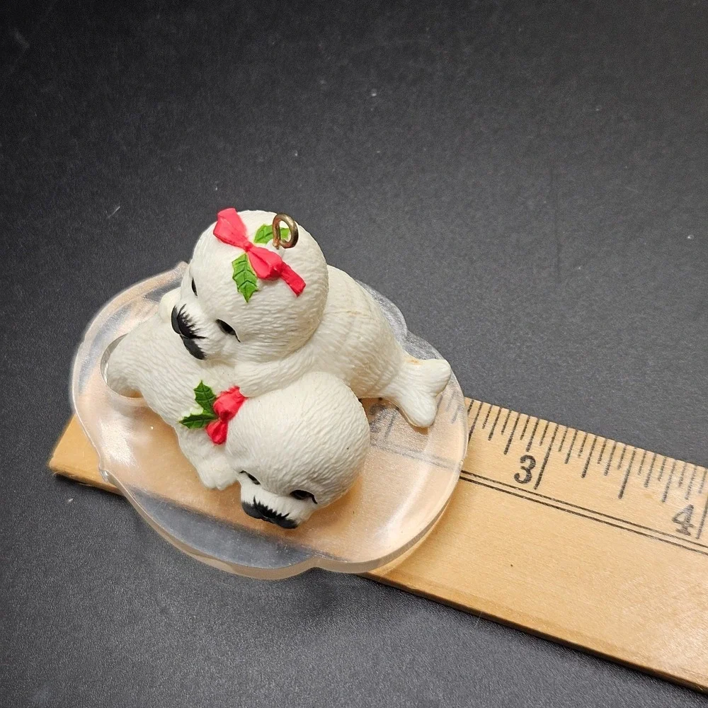 Vintage Christmas Seal Pup Ornament Polar Bear Cub Holly Bow Resin
